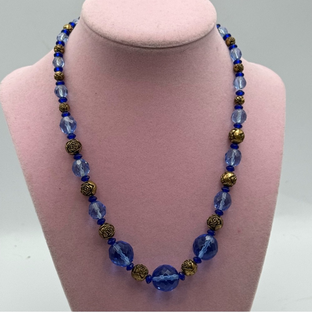 Vintage 1960s Elegant Blue Czech glass and Gold Beaded Necklace